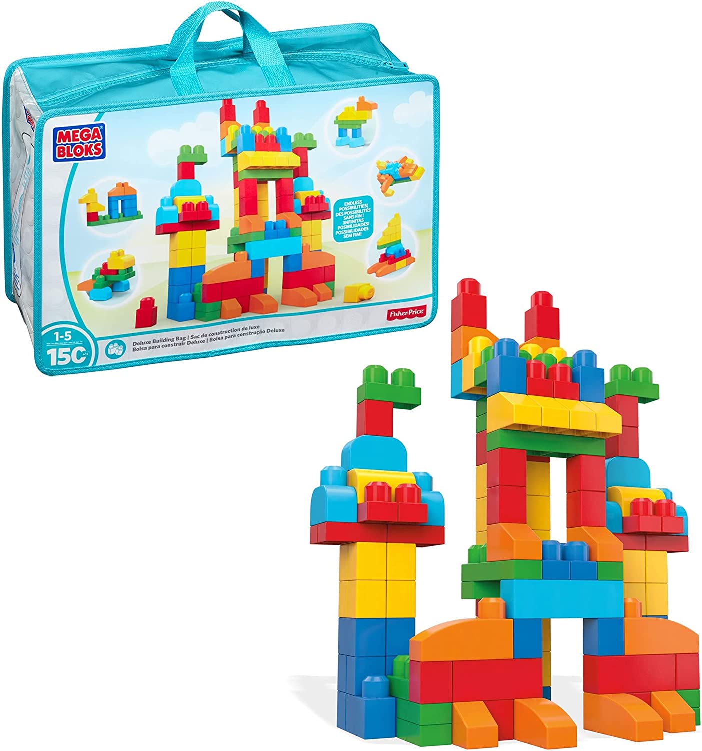 MEGA BLOKS Deluxe Building Bag Toy Building Set With 150 Big Building Blocks, And 1 Storage Bag, Gift Set For Boys And Girls Ages 1 And Up