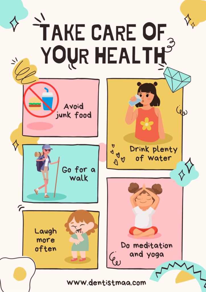 health, take care of your health, walk, water, drink water, yoga, meditate