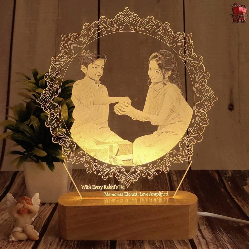 Rakhi 2025: 10 Heartwarming Personalized Gift Ideas for Your Loving Sibling 14 Rakhi 2025, Raksha bandhan, Rakhi 2025 Gift Ideas, Rakhi 2025 heartwarming gift ideas, happy rakhi, sibling, brother, sister, name rakhi, photo frame, led lamp, led rotating lamp, character caricature photo frame