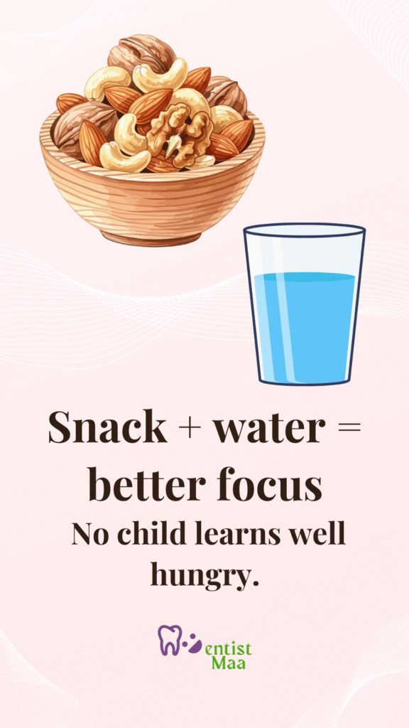 healthy food, water, tummy full, homework